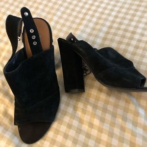 Black suede open toe bootie